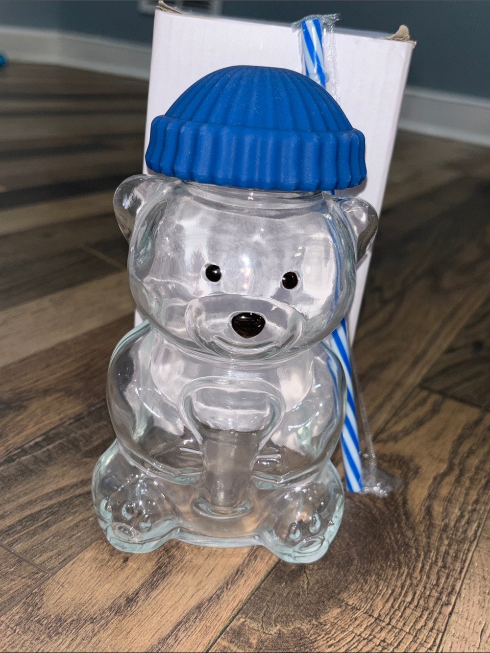 Clear Glass Bear Tumbler Cup with Blue Cap